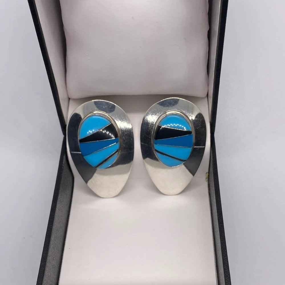 Sterling Silver Block Multi Stone Inlay Post Earrings SIGNED turquoise Navajo - Picture 7 of 16